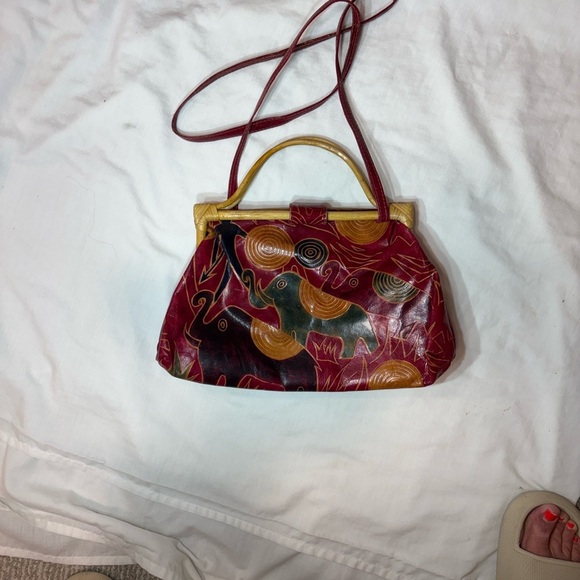 Vintage Elephant Print Red, tan, Greenand Brown crossbody Handbag - Picture 5 of 9